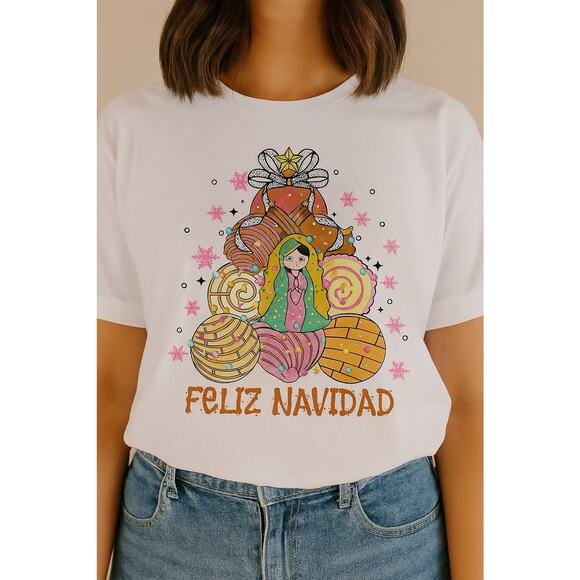 Feliz Navidad T-Shirt Virgen de Guadalupe Christmas Conchas Graphic Tee Holiday - Picture 1 of 1